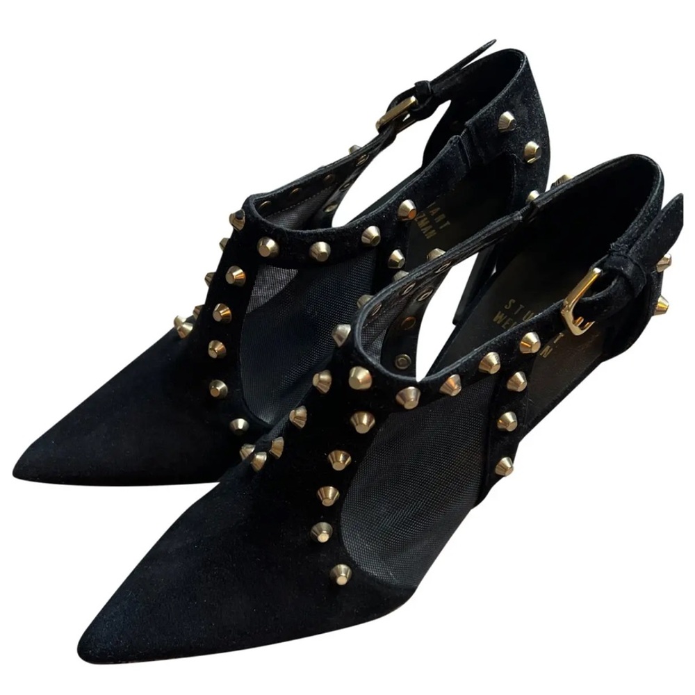 Stuart Weitzman Studded Mesh Suede Booties Heels Black Size 6